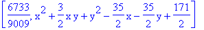 [6733/9009, x^2+3/2*x*y+y^2-35/2*x-35/2*y+171/2]